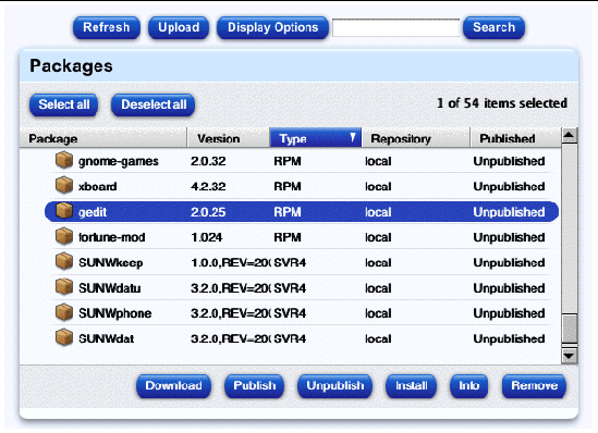 This screenshot shows a sample of the Packages table; the buttons are Download, Publish, Unpublish, Install, Info and Remove.