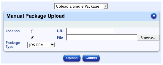 This screenshot shows the table for uploading a single package file; the buttons are Upload and Cancel.
