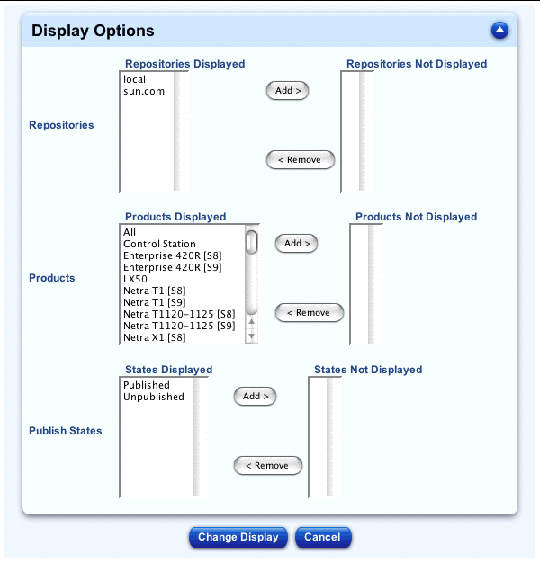 This screenshot shows the table for choosing the display options applied to the Packages table; the buttons are Change Display and Cancel.
