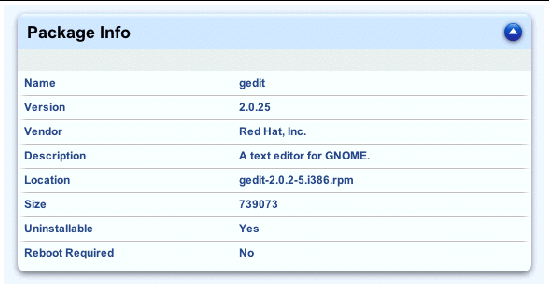 This screenshot shows a sample of the Package Info table; it includes the package name and version, vendor, description, location and size.