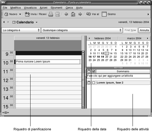 Finestra del Calendario. Didascalie: riquadro di pianificazione, riquadro della data, riquadro delle attività.