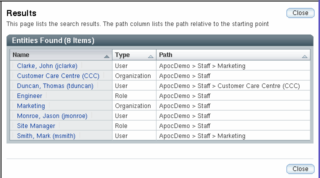 Search results table