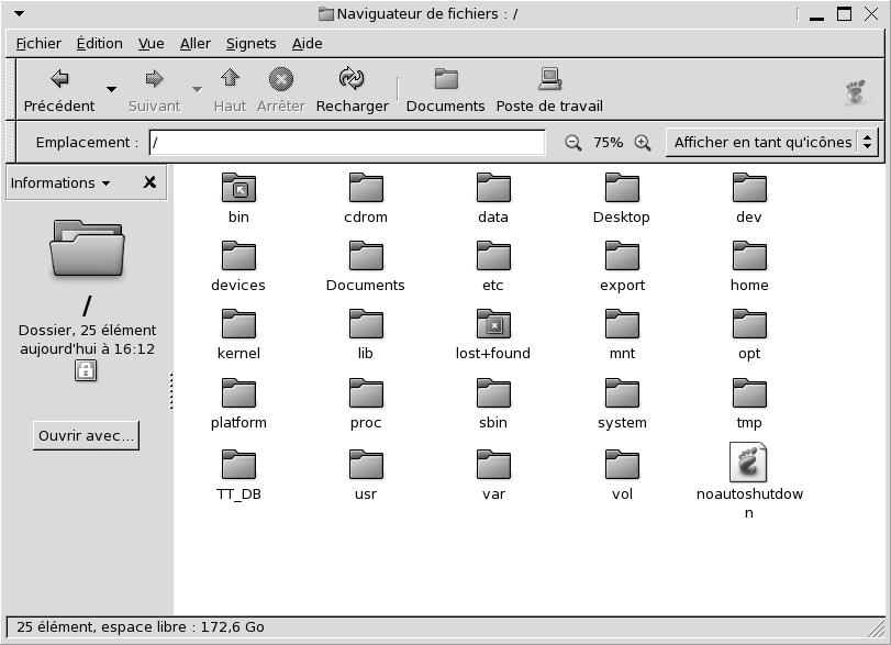 Un dossier dans une fen&amp;amp;amp;ecirc;tre du gestionnaire de fichiers. Barre de menu, barre d'outils, boutons de zoom, volet lat&amp;amp;amp;eacute;ral, volet d'affichage. 