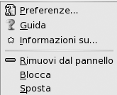 Menu a comparsa degli oggetti dei pannelli. Voci del menu: Propriet&amp;amp;amp;agrave;, Rimuovi dal pannello, Blocca, Sposta. 