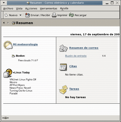 Ventana de Resumen. Contiene dos columnas. La columna de la izquierda incluye informaci&amp;amp;amp;oacute;n sobre el tiempo y las noticias. La columna de la derecha contiene Resumen de correo, Citas y Tareas. 
