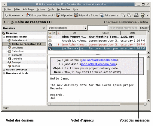 Fen&amp;amp;amp;ecirc;tre de messagerie type. L&amp;amp;amp;eacute;gendes : Volet de dossiers, volet de messages, volet d'aper&amp;amp;amp;ccedil;u. 