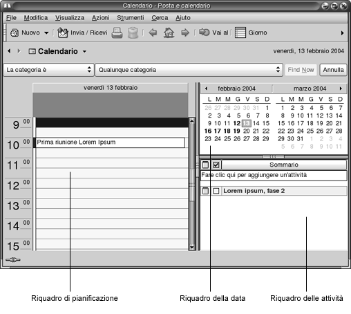 Finestra del Calendario. Didascalie: riquadro di pianificazione, riquadro della data, riquadro delle attivit&amp;amp;amp;agrave;. 