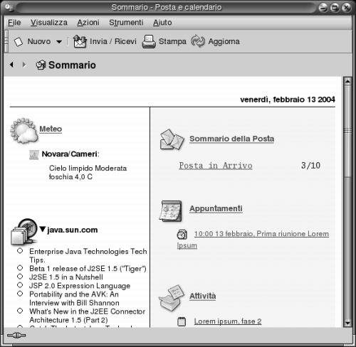 Finestra del Sommario. Contiene due colonne. La colonna sinistra contiene informazioni sul meteo e notizie. La colonna destra contiene gli elementi Sommario della Posta, Appuntamenti e Attivit&amp;amp;amp;agrave;. 