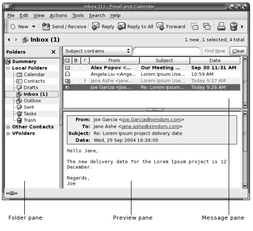 Typical email window. Callouts: Folder pane, Message pane, Preview pane.