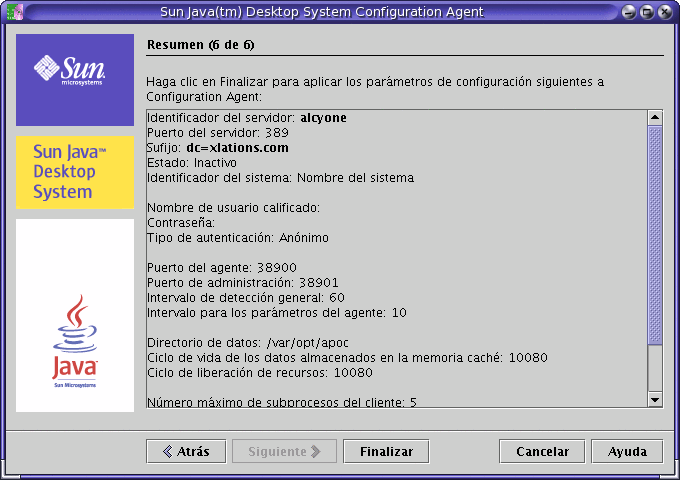 Página de resumen de Configuration Agent