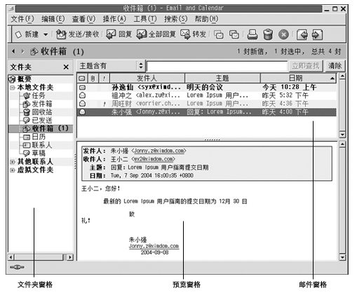 典型的电子邮件窗口。图注：文件夹窗格、邮件窗格、预览窗格。