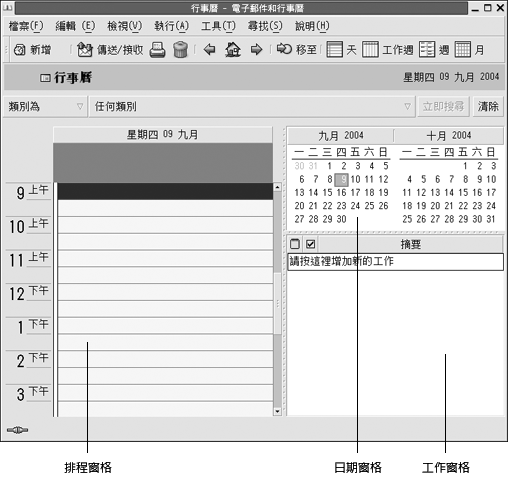 典型的行事曆視窗。圖例：排程窗格、日期窗格、工作窗格。