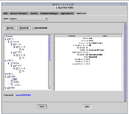 Screen capture showing part of the Logical view for the Sun Fire V250.