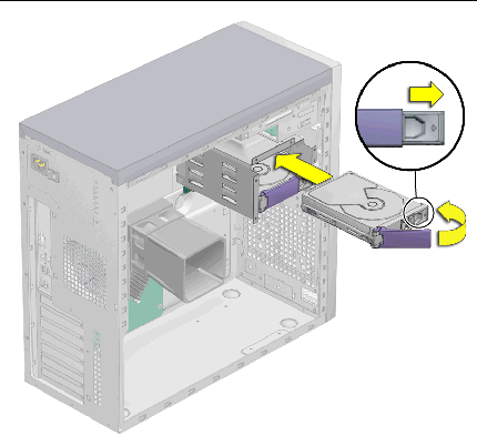 Figure showing direction arrows for instsalling the hard drive in the system and locking hard drive handle.