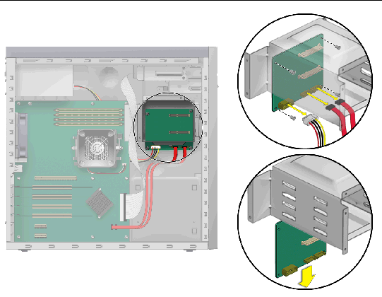 Figure showing removal of SATA cables and backplane from the workstation.