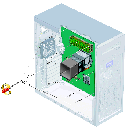 Figure showing installing the motherboard screws.