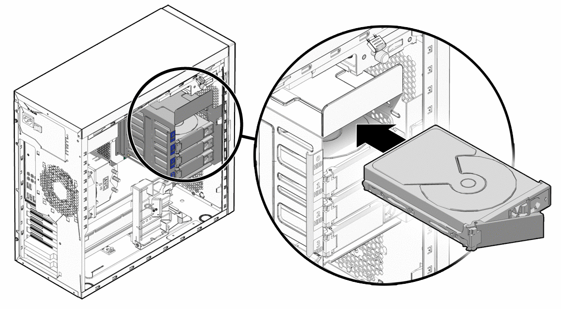 Figure showing direction arrows for installation the
hard drive in the system and locking hard drive handle.