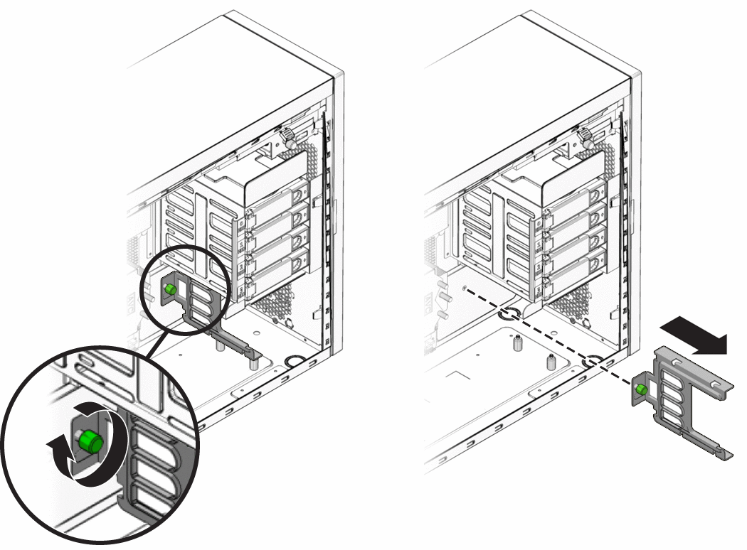 An illustration showing the removal of the hard drive
cage support bracket.