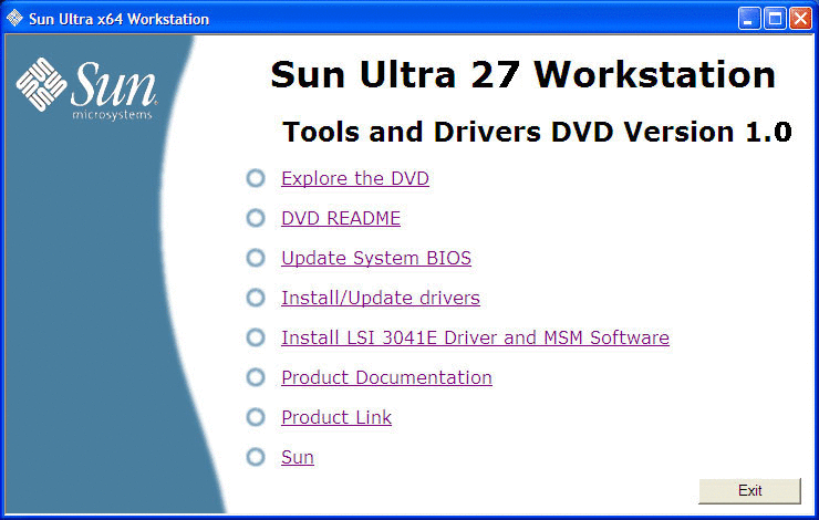 Illustration représentant le menu principal du DVD Tools & Drivers de la station Sun Ultra 27.