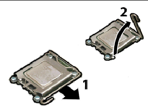 Releasing the CPU socket lever: pull lever away from socket, then lever it up to a vertical position.
