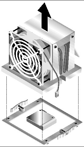 Figure showing removal of the heatsink/fan assembly (240-4589-01 or 240-4612-01).