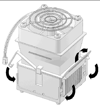 Figure showing how to secure the heatsink/fan assembly to the retaining bracket.