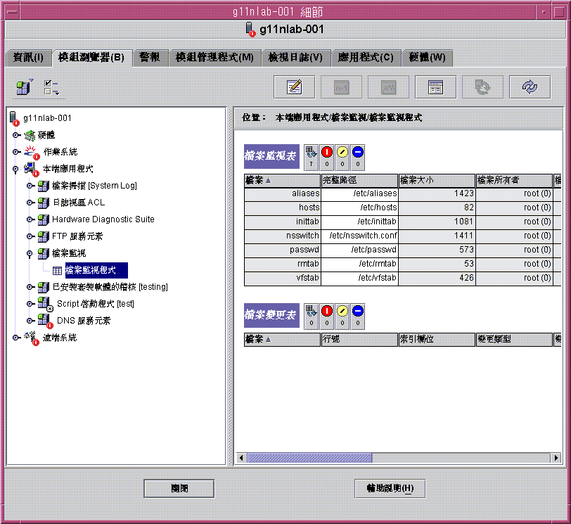 顯示檔案監視程式表的模組瀏覽器。上文有說明該圖形。