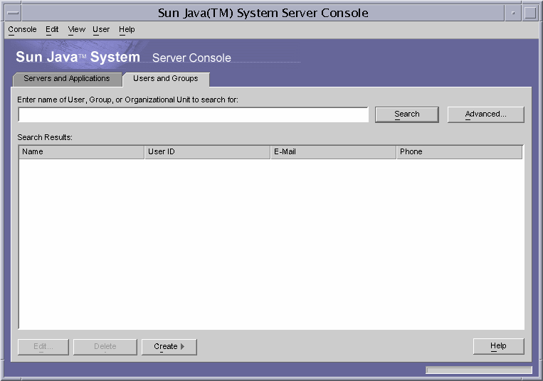 Sun Java System Server Console: Users and Groups tab.