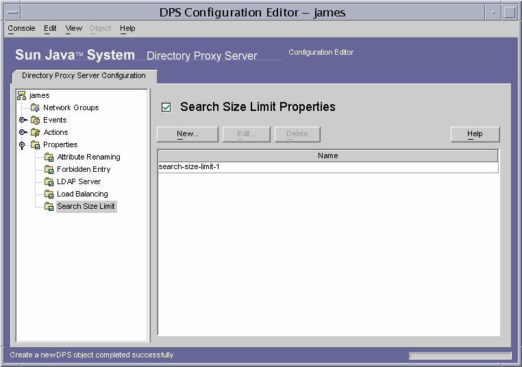Directory Proxy Server  Configuration Editor Search Size Limit Properties window.