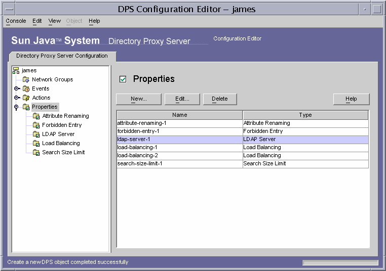 Directory Proxy Server  Configuration Editor  Properties window.