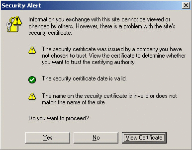 Exemple de boîte de dialogue Security Alert (Alerte de sécurité).