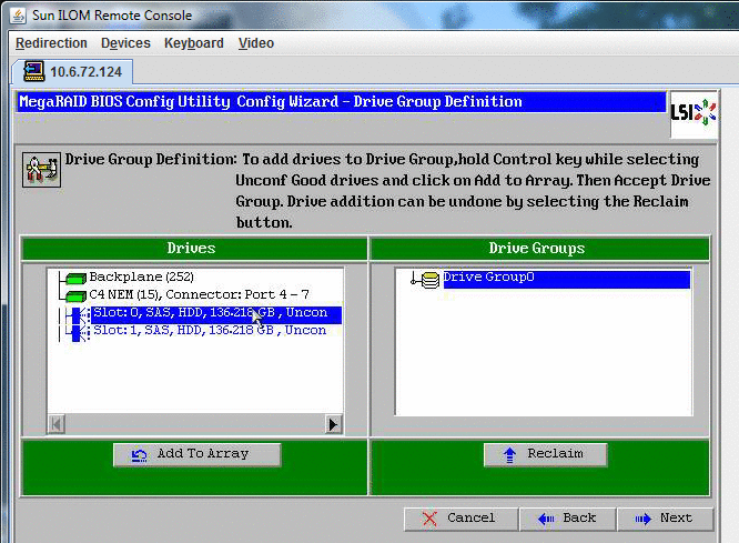 Captura de la ventana de definición de grupos de unidades del asistente de configuración de la utilidad de configuración de BIOS MegaRaid.
