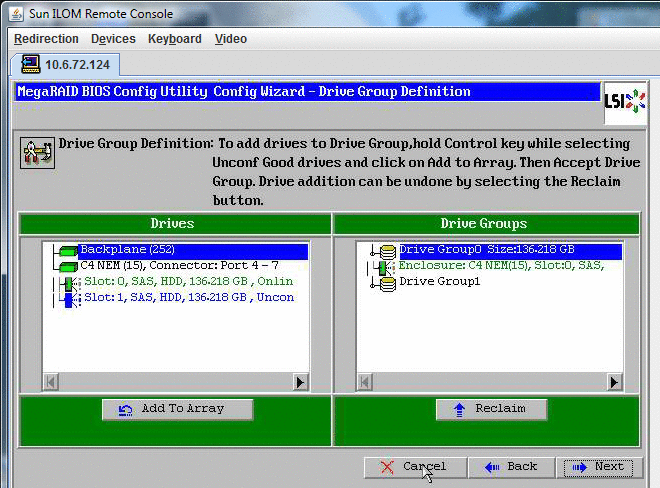 Captura del asistente de configuración de la utilidad de configuración de BIOS MegaRaid - Ver grupo de unidades.