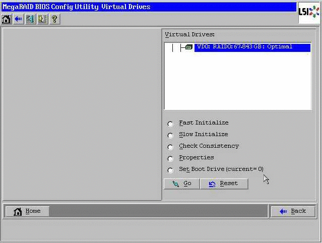 Écran de configuration des unités de disque virtuel de l'utilitaire de configuration MegaRAID BIOS.