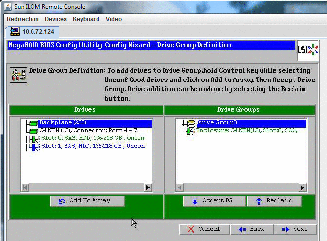 「MegaRAID BIOS Config Utility Config Wizard — Drive Group Definition」ウィンドウのスクリーンショット「Yes」をクリックして受け入れます。