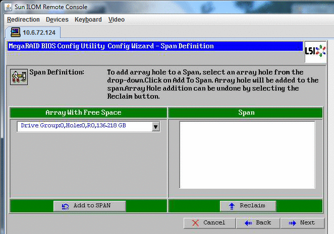 「MegaRAID BIOS Config Utility Config Wizard」 — 「Add to SPAN」をクリックのスクリーンショット