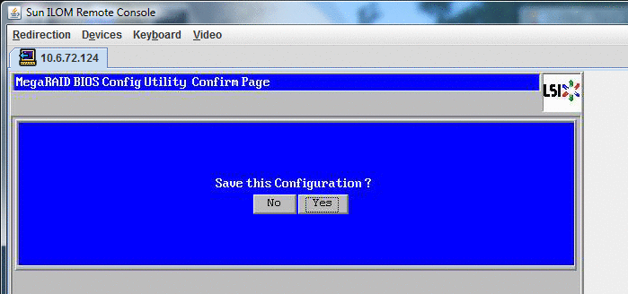 設定の保存を確認する「MegaRAID BIOS Confirmation Page」のスクリーンショット