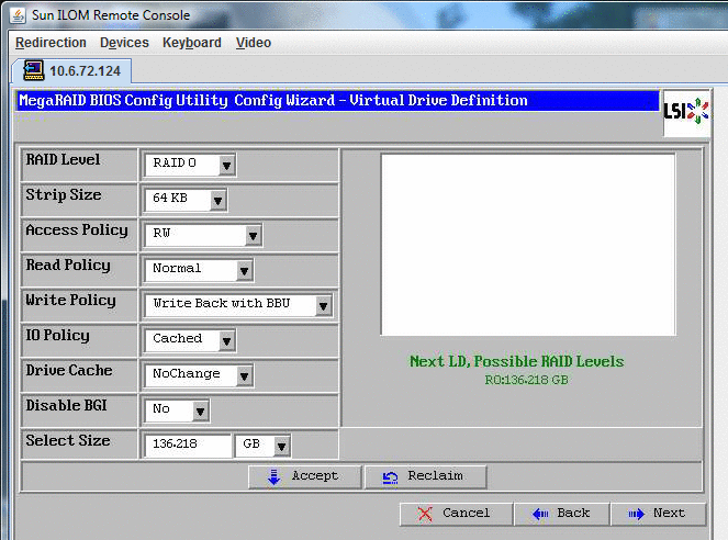 MegaRaid BIOS Config Utility Config Wizard 스크린샷입니다. – Accept를 클릭합니다.