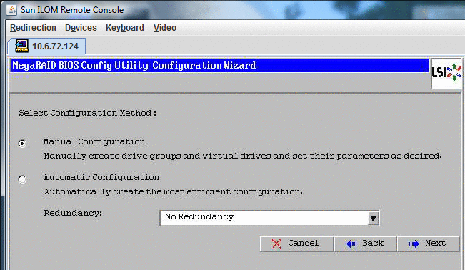 MegaRaid BIOS Config Utility Virtual Configuration 창의 Manual Configuration 또는 Automatic Configuration 스크린샷입니다.