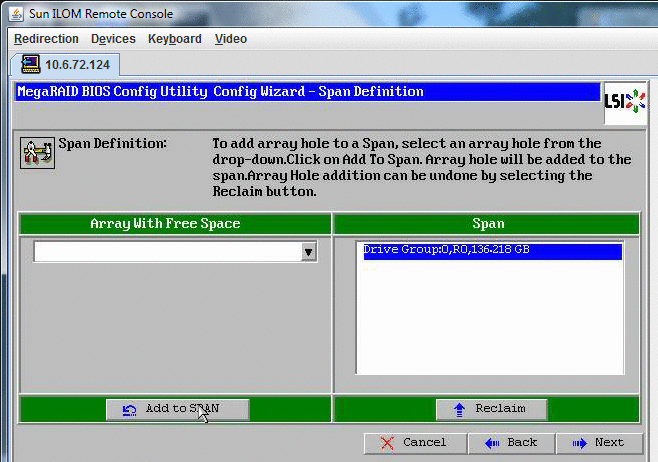 Fenêtre Click Next (Cliquer sur Suivant) de l'assistant de configuration de l'utilitaire de configuration MegaRAID BIOS.