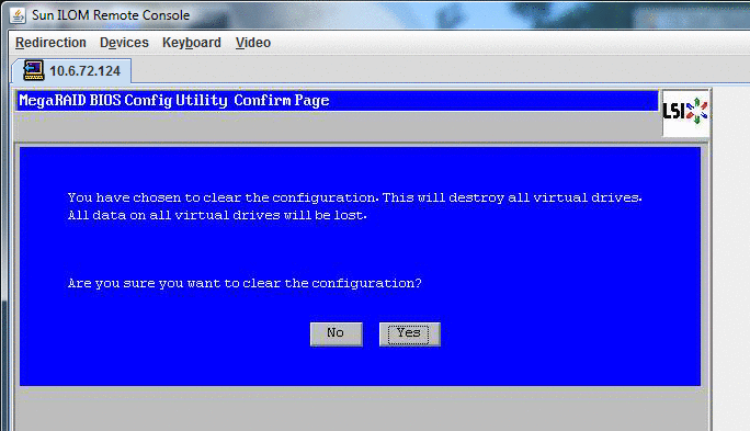 Demande d'effacement de la configuration dans la fenêtre de l'utilitaire de configuration MegaRAID BIOS.