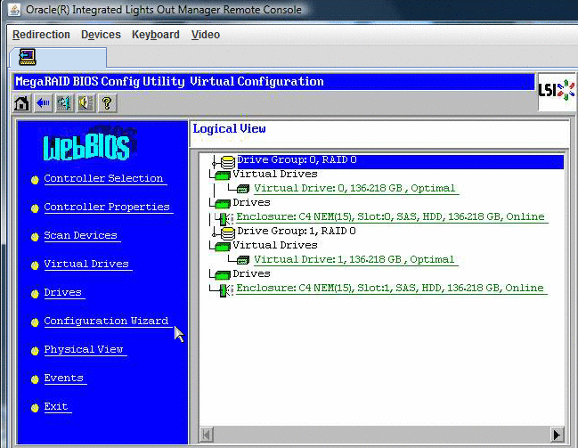 Captura de la ventana de configuración virtual de la utilidad de configuración de BIOS MegaRaid.
