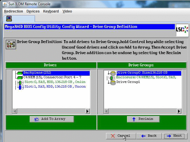 Captura del asistente de configuración de la utilidad de configuración de BIOS MegaRaid - Ver grupo de unidades.