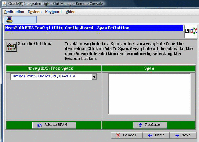 Captura del asistente de configuración de la utilidad de configuración de BIOS MegaRaid - Hacer clic en Add to SPAN (añadir a SPAN).