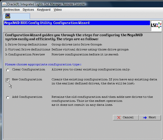 Captura de la ventana de configuración virtual de la utilidad de configuración de BIOS MegaRaid.