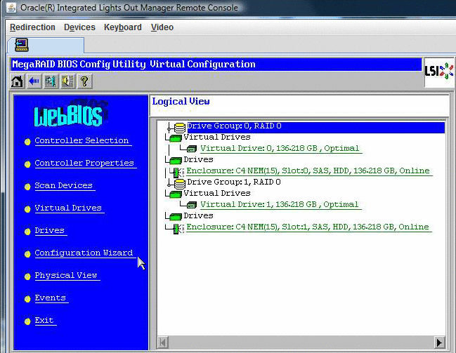 Fenêtre MegaRaid BIOS Config Utility Virtual Configuration.