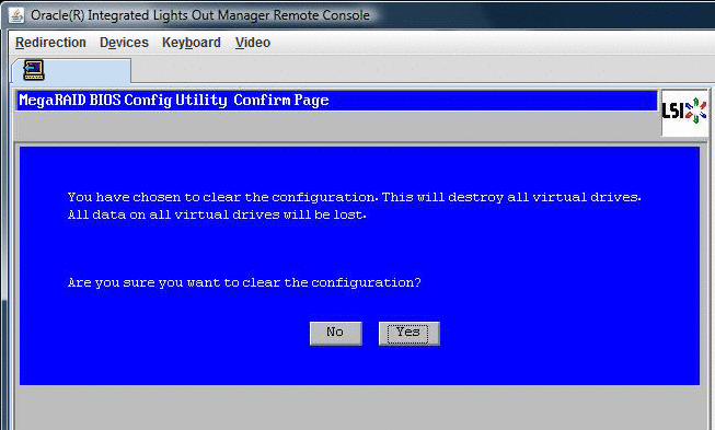 Fenêtre MegaRaid BIOS Config Utility demandant d'effacer la configuration.
