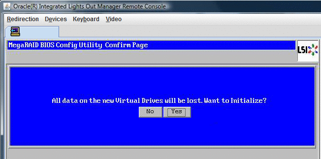 Page MegaRaid BIOS Confirmation demandant d'initialiser les unités de disque.