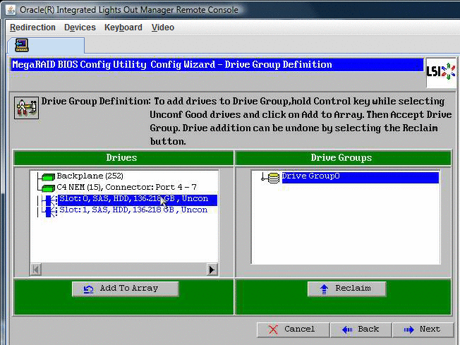 「MegaRAID BIOS Config Utility Config Wizard — Drive Group Definition」ウィンドウのスクリーンショット