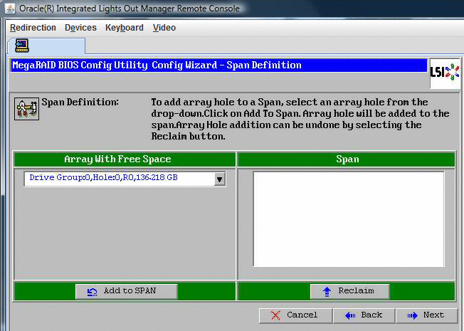 「MegaRAID BIOS Config Utility Config Wizard」 — 「Add to SPAN」をクリックのスクリーンショット